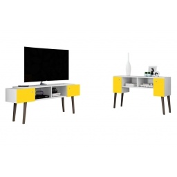 Rack  Aparador para TV con patas blanco con amarillo