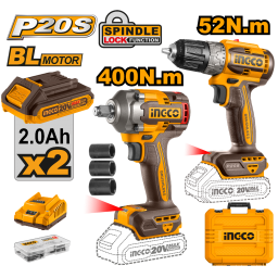 SET LLAVE IMPACTO 20V 400NM + ATORNILLADOR 20V 52NM C 2BAT CARG Y VALIJA INGCO CKLI20271